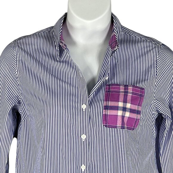 Vineyard Vines Womens 8 Relaxed Fit Purple Striped Button Up Shirt Plaid Pocket - Picture 3 of 15
